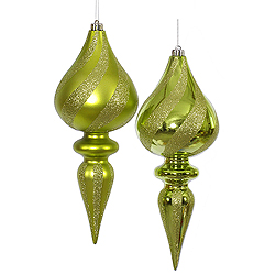 12 Inch Lime Green Assorted Finishes with Glitter Swirl Stripes Finial Christmas Ornament