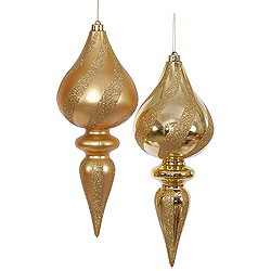 12 Inch Antique Gold Assorted Finishes with Glitter Swirl Stripes Finial Christmas Ornament