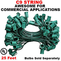 25 Foot C9 Light String 12 Inch Socket Spacing Green Wire