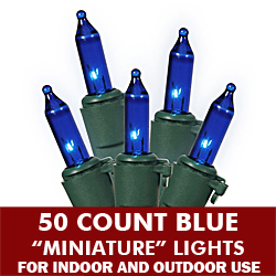 50 Mini Blue Extra Long Christmas Light Set Green Wire