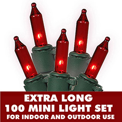 100 Mini Red Extra Long Christmas Light Set With Lamp Locks Green Wire