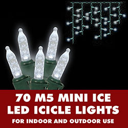 70 Pure White LED M5 Mini Ice Christmas Icicle Lights Green Wire