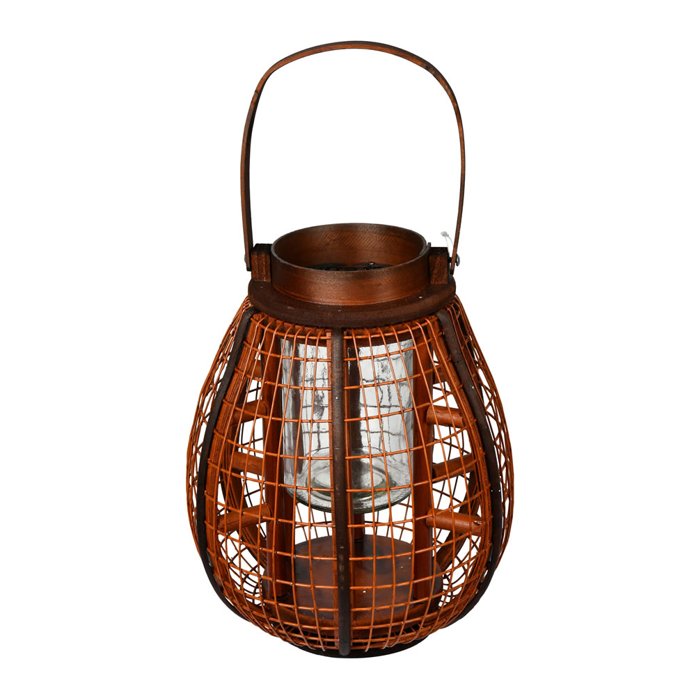 12 Inch Rustic Wood and Iron Wire Garden Lantern