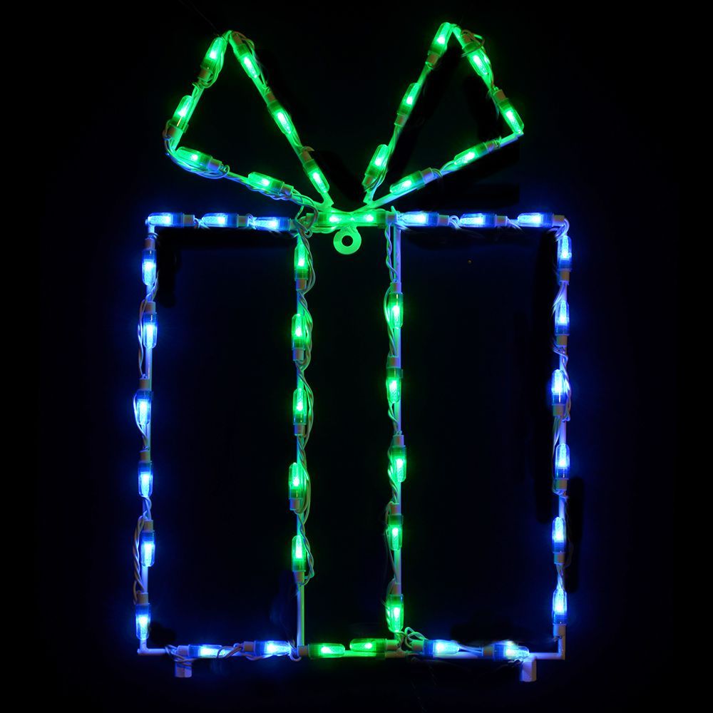 Christmas Gift Box Blue Green Bow LED Lighted Outdoor Christmas Decoration Set Of 2