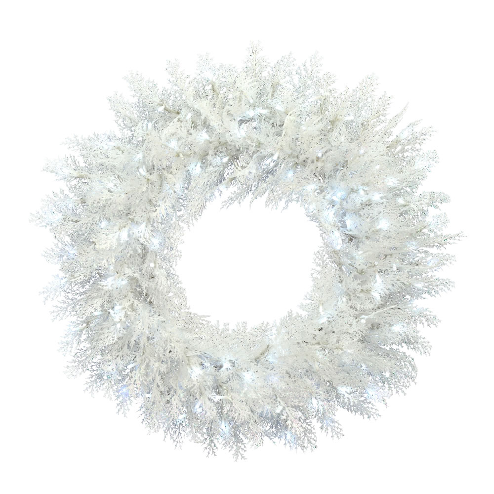 30 Inch Flocked Cedar Pine Artificial Christmas Wreath - 150 Low Voltage LED Pure White 3MM Lights