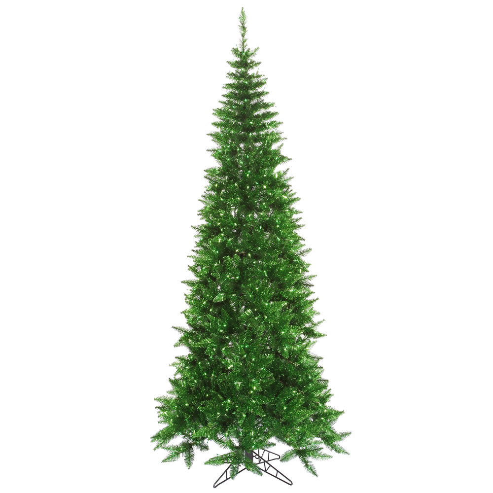 10 Foot Tinsel Green Slim Artificial Christmas Tree 900 Incandescent Green Mini Lights