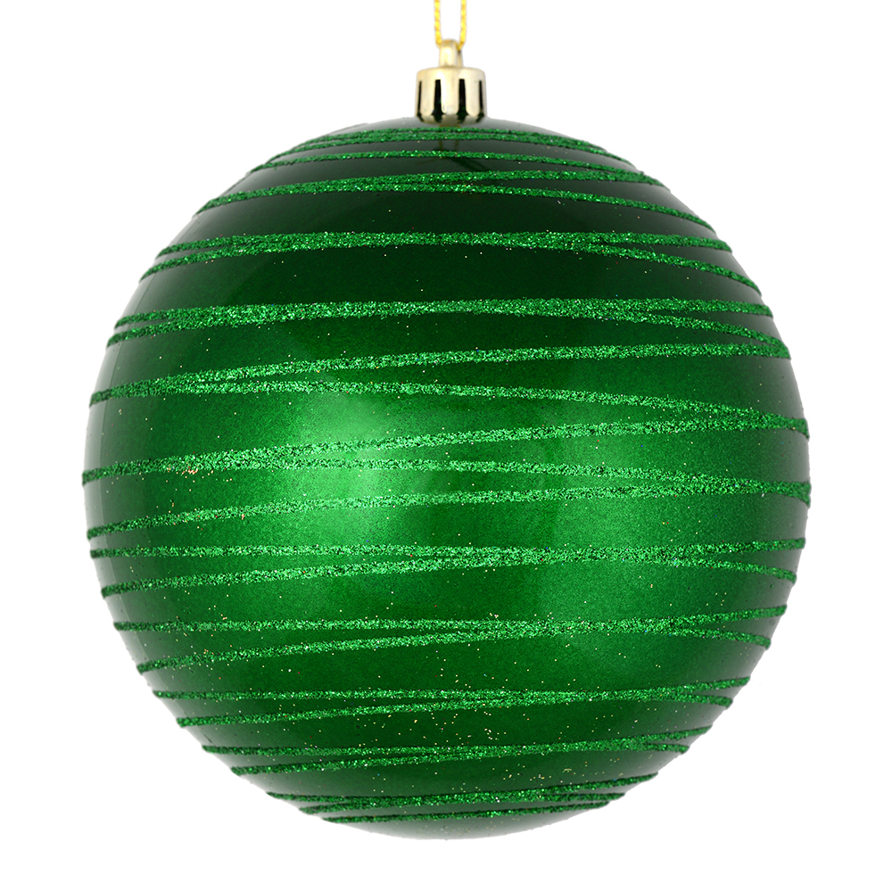 4 Inch Green Candy Glitter Lines Round Christmas Ball Shatterproof Ornament