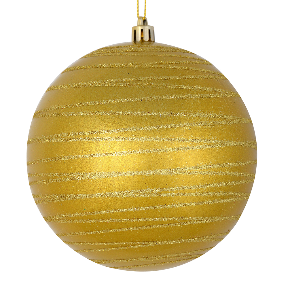 4 Inch Gold Candy Glitter Lines Round Christmas Ball Shatterproof Ornament