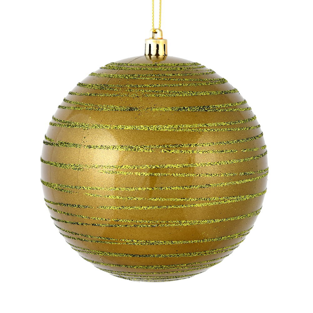 4 Inch Olive Candy Glitter Lines Round Christmas Ball Shatterproof Ornament