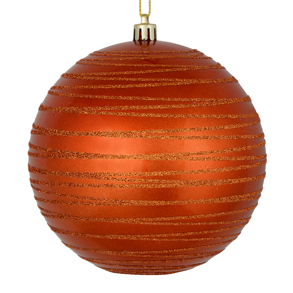 4 Inch Burnish Organge Candy Glitter Lines Round Christmas Ball Shatterproof Ornament