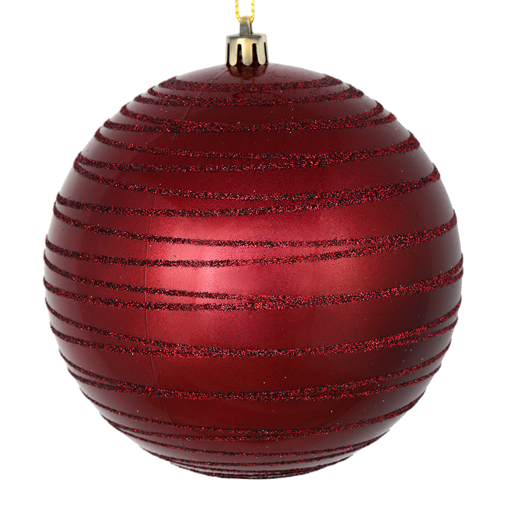 4 Inch Wine Candy Glitter Lines Round Christmas Ball Shatterproof Ornament
