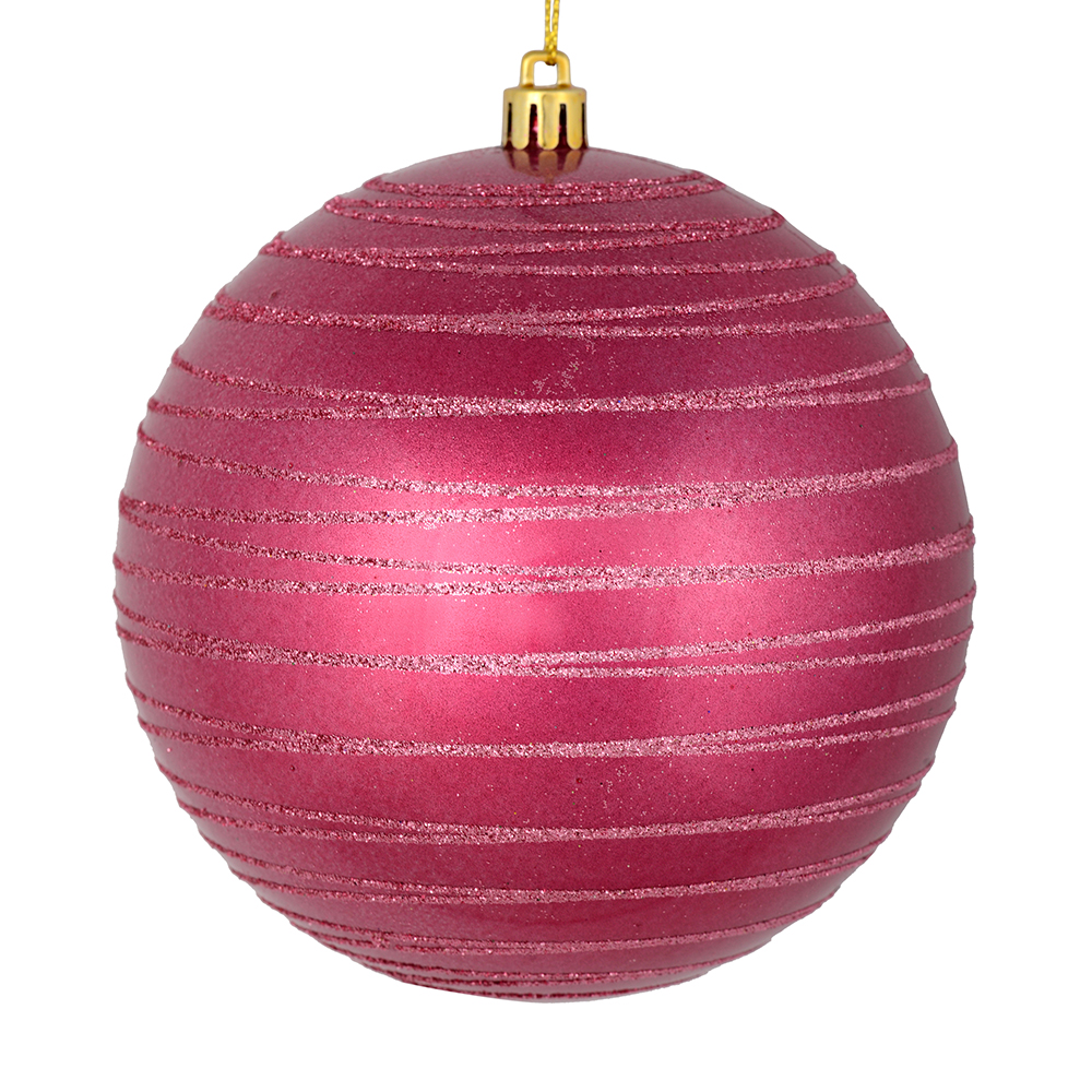 4 Inch Berry Red Candy Glitter Lines Round Christmas Ball Shatterproof Ornament