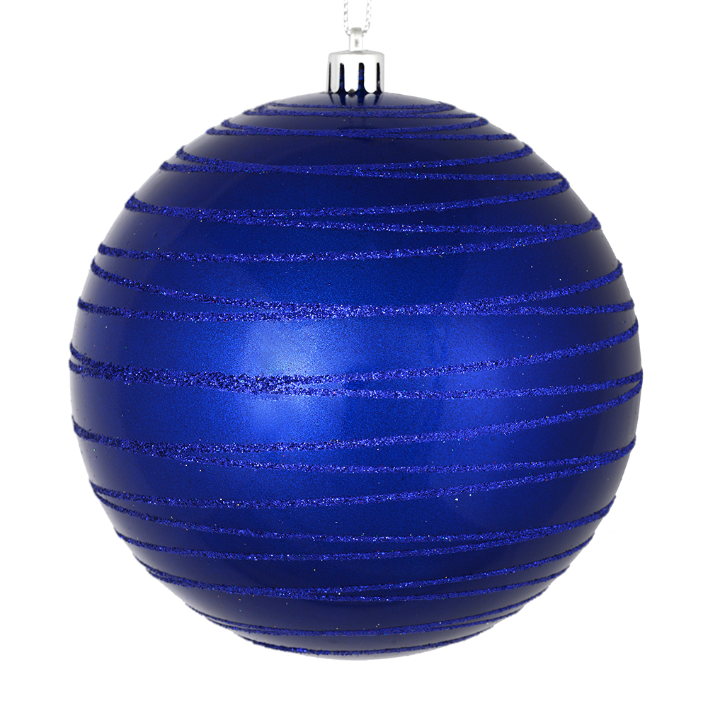 4 Inch Cobalt Blue Candy Glitter Lines Round Christmas Ball Shatterproof Ornament