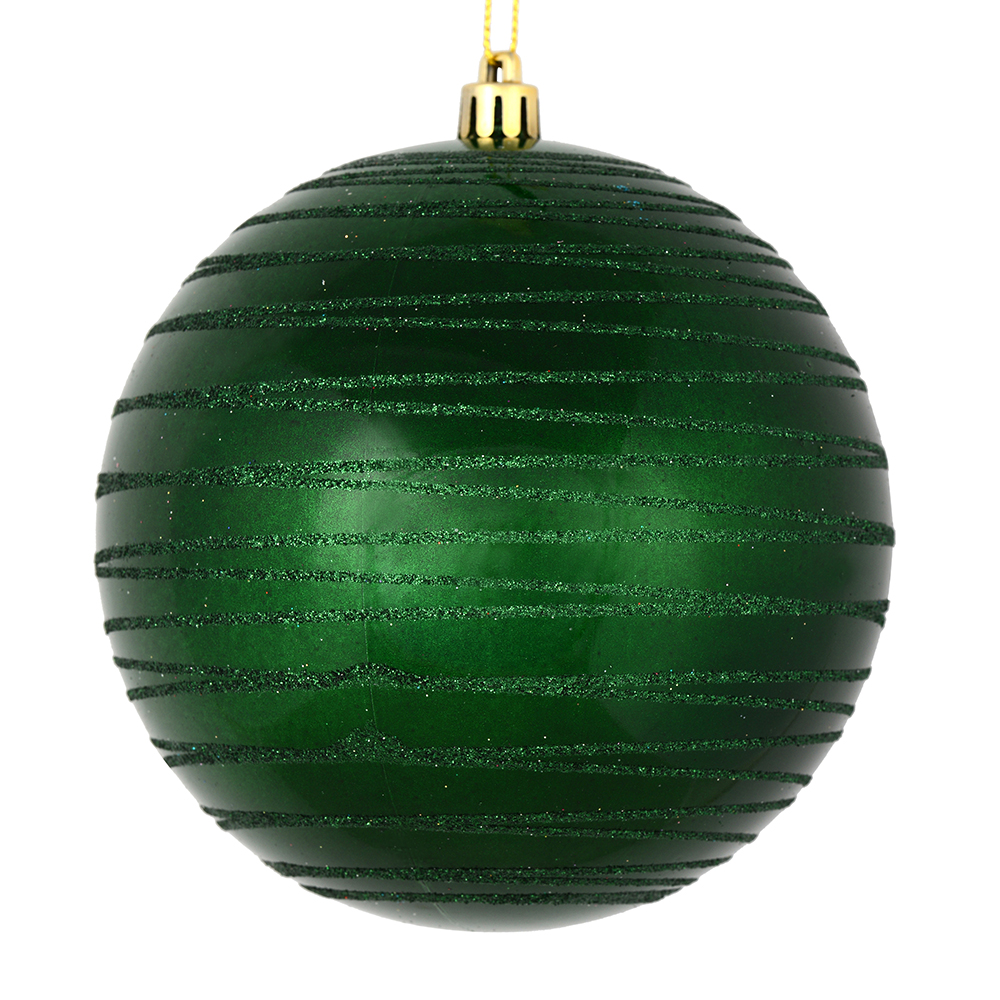 4 Inch Emerald Candy Glitter Lines Round Christmas Ball Shatterproof Ornament