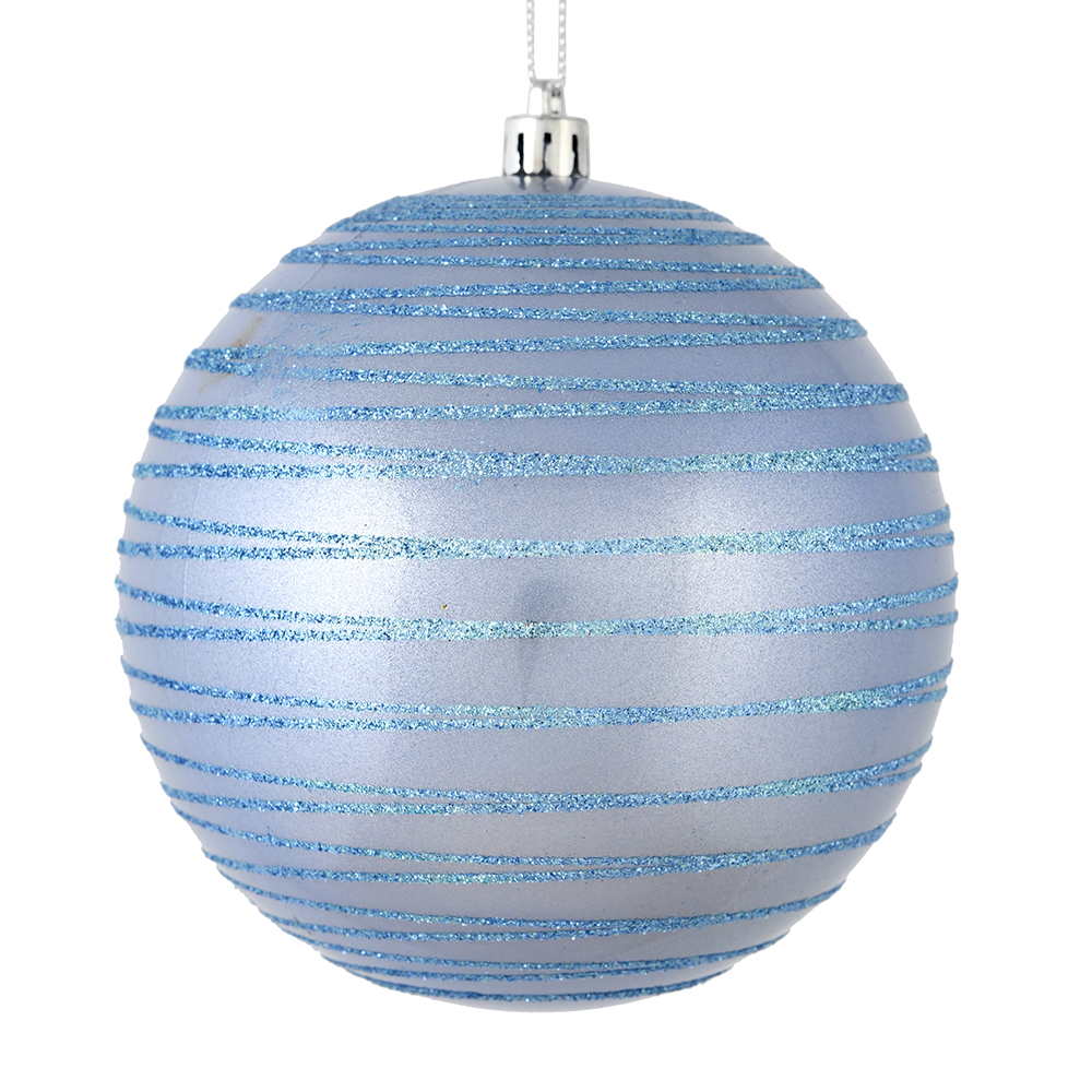 4 Inch Periwinkle Candy Glitter Lines Round Christmas Ball Shatterproof Ornament