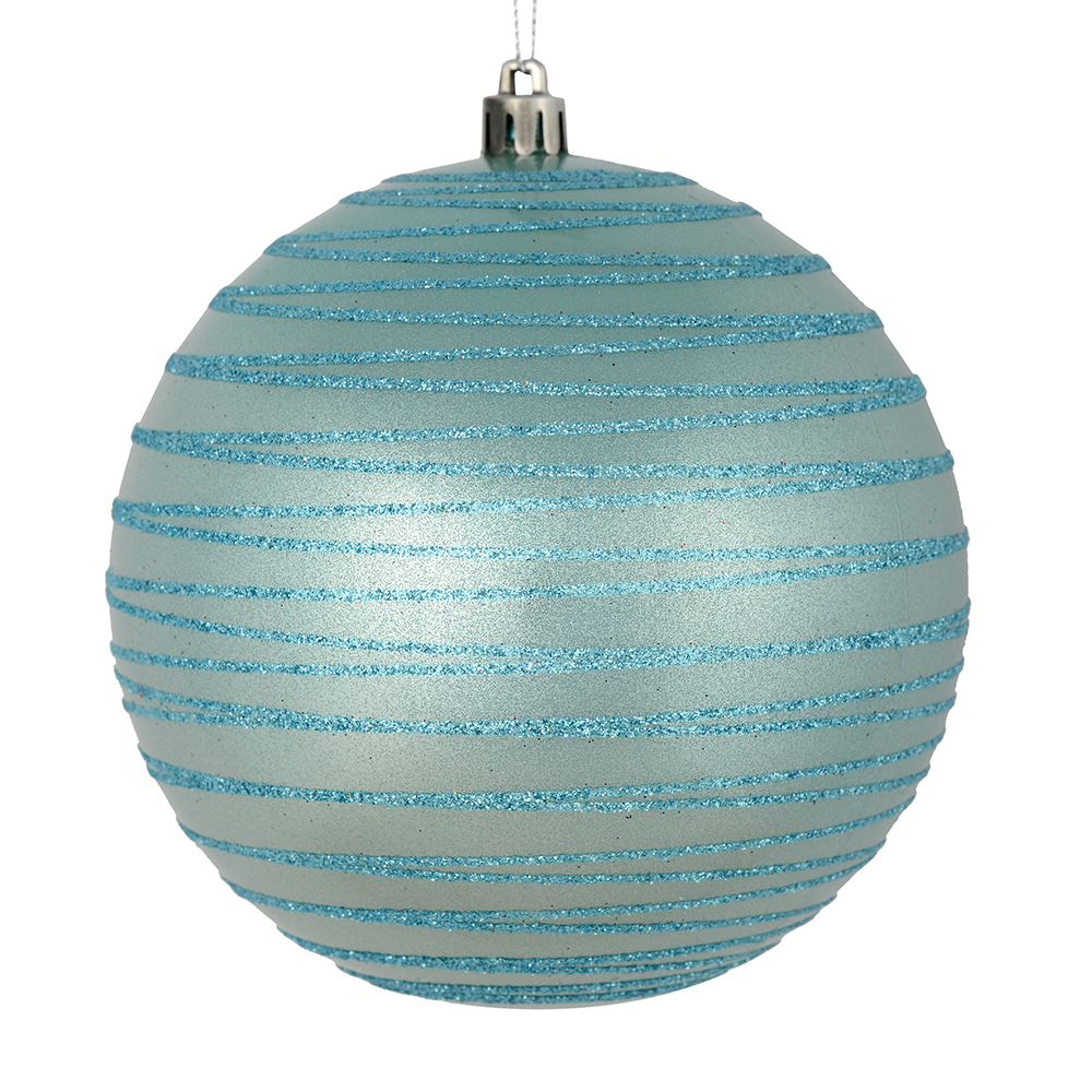 4 Inch Baby Blue Candy Glitter Lines Round Christmas Ball Shatterproof Ornament