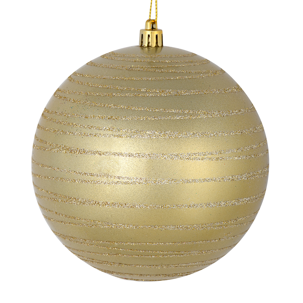 4 Inch Champagne Candy Glitter Lines Round Christmas Ball Shatterproof Ornament