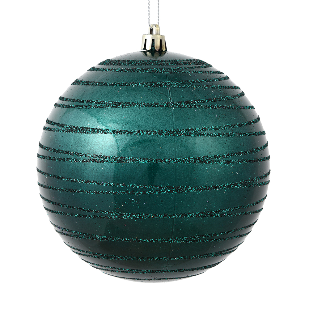 4 Inch Sea Blue Candy Glitter Lines Round Christmas Ball Shatterproof Ornament