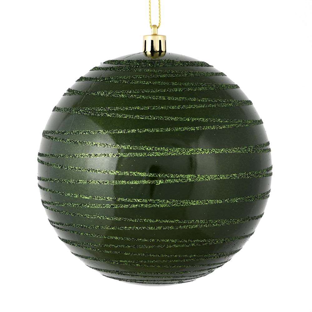 4 Inch Moss Green Candy Glitter Lines Round Christmas Ball Shatterproof Ornament
