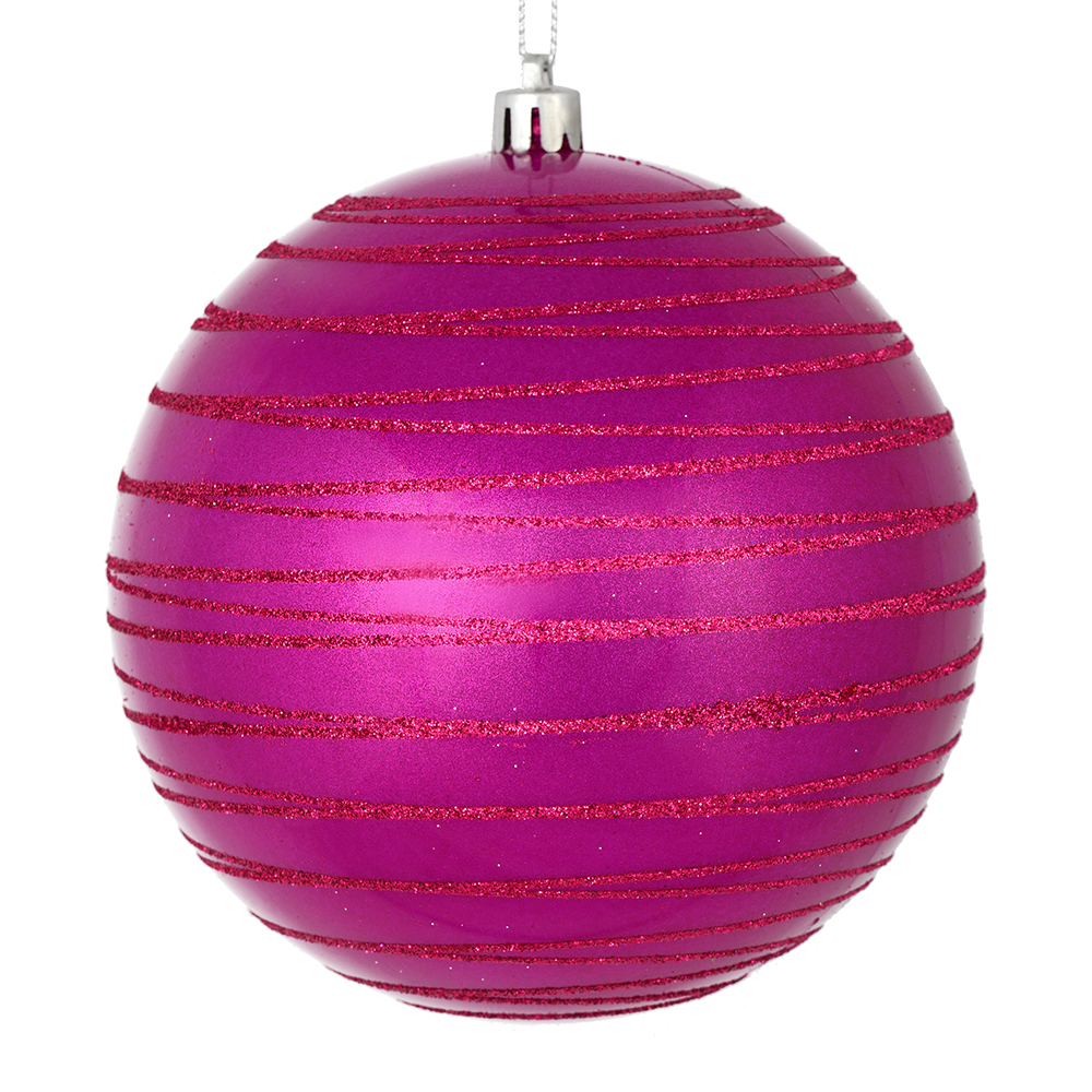 4 Inch Fuchsia Candy Glitter Lines Round Christmas Ball Shatterproof Ornament