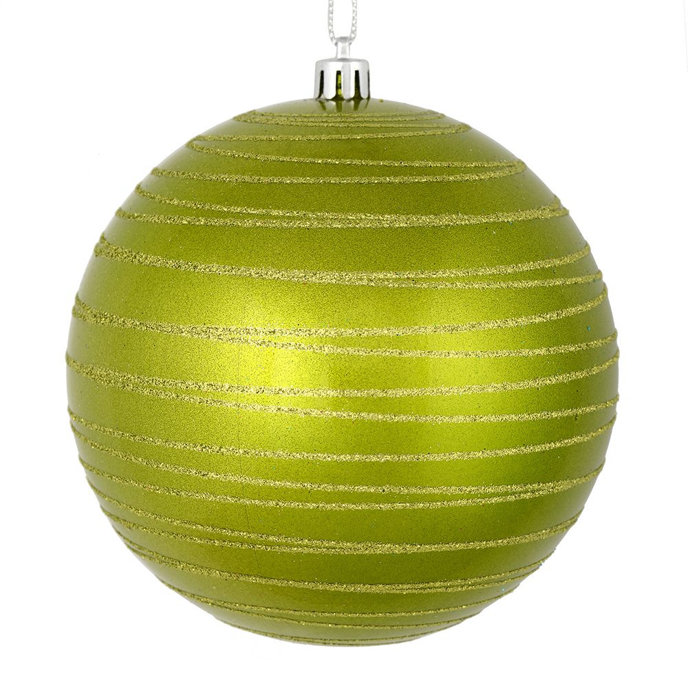 4 Inch Lime Candy Glitter Lines Round Christmas Ball Shatterproof Ornament