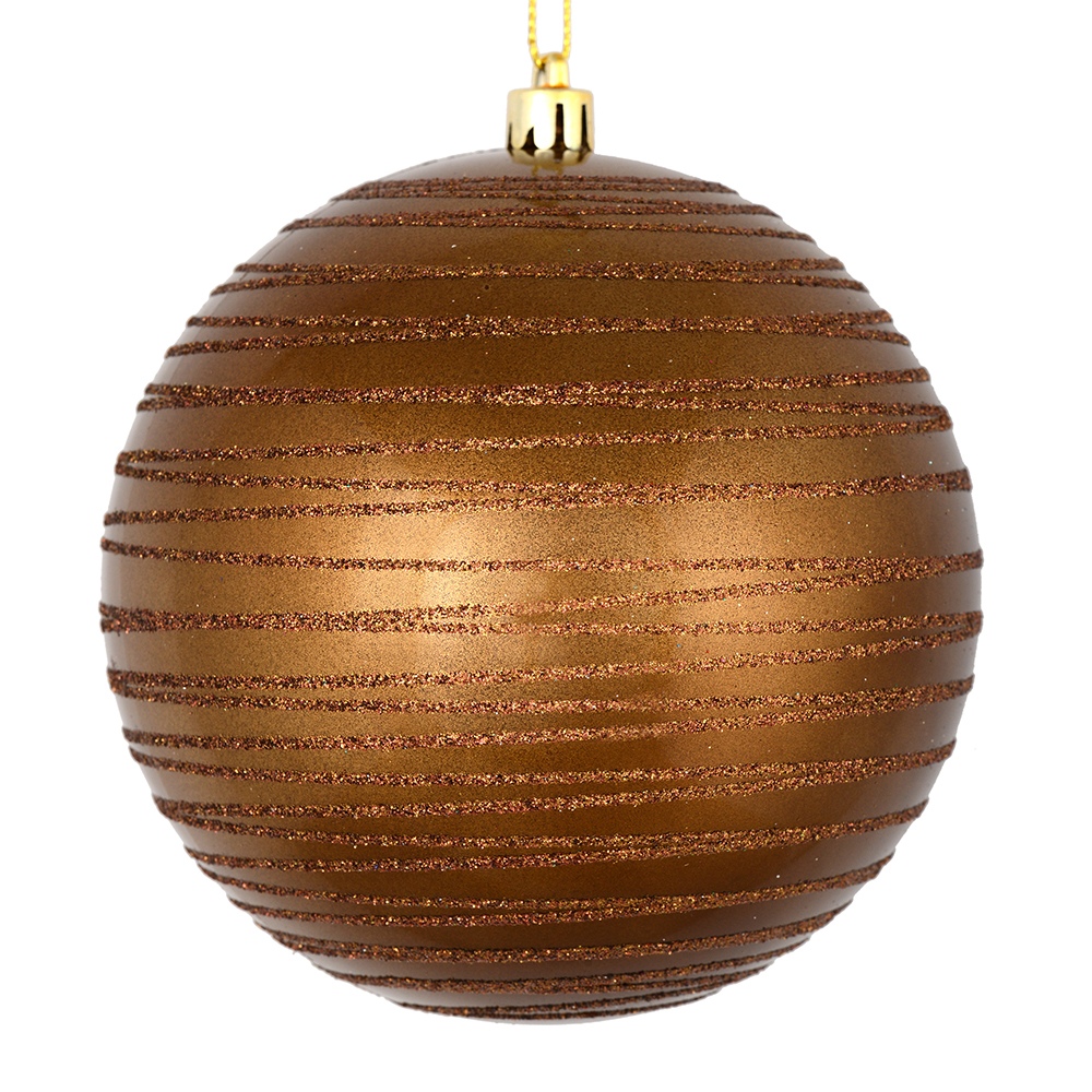 4 Inch Mocha Candy Glitter Lines Round Christmas Ball Shatterproof Ornament