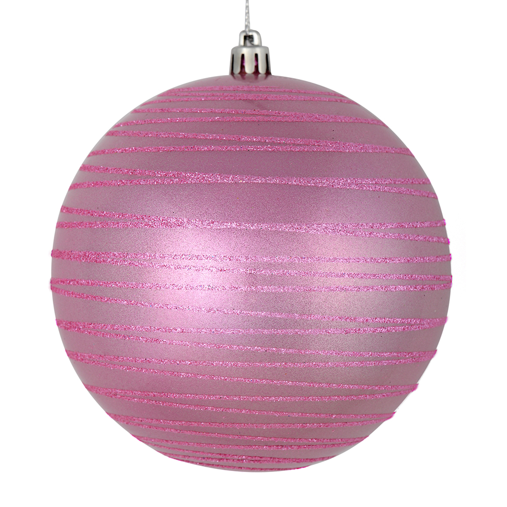 4 Inch Pink Candy Glitter Lines Round Christmas Ball Shatterproof Ornament