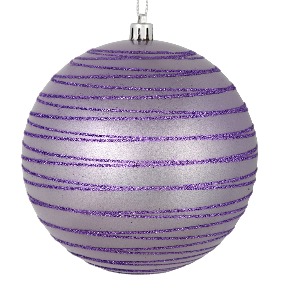 Christmastopia.com 4 Inch Lavender Candy Glitter Lines Round Christmas Ball Shatterproof Ornament