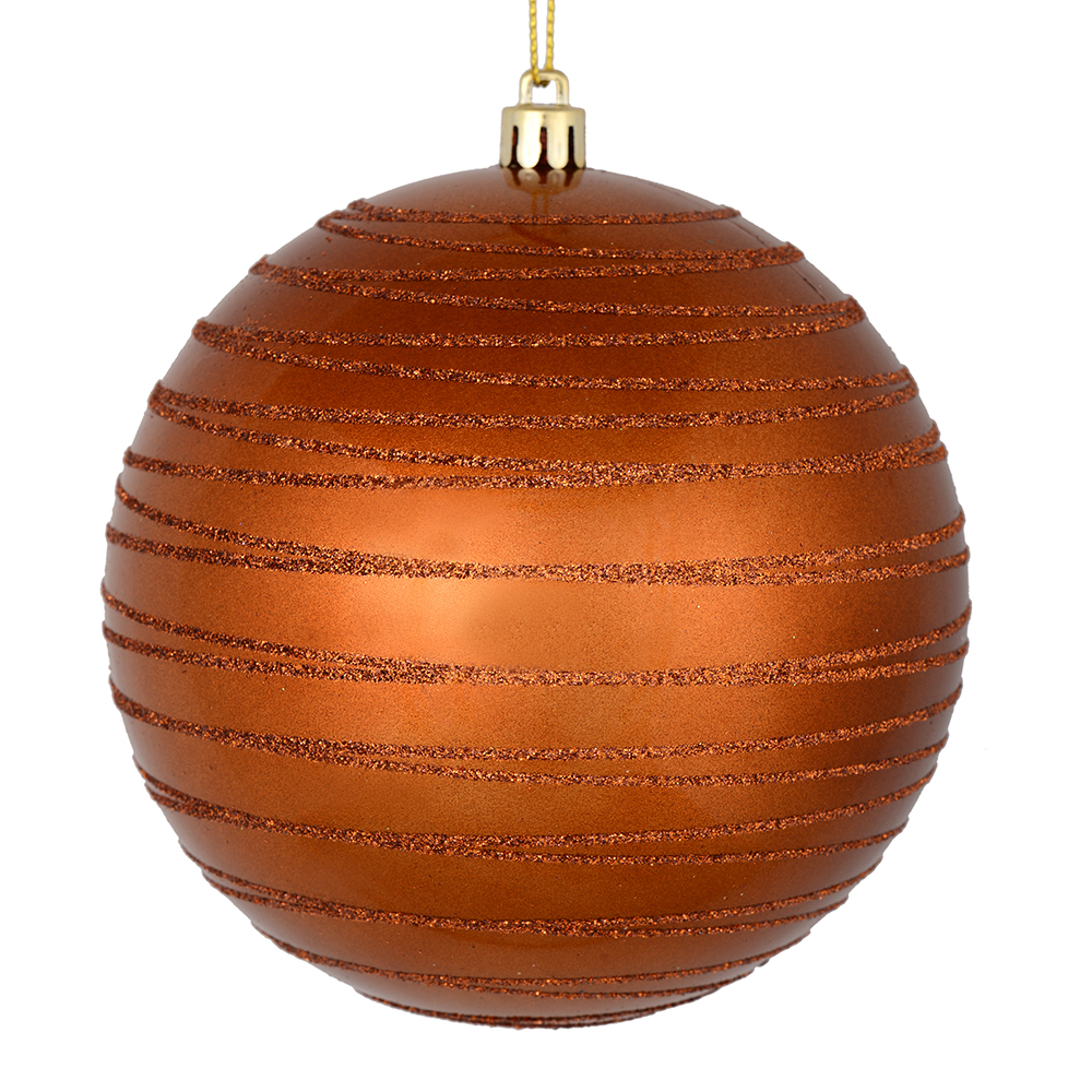 4 Inch Copper Candy Glitter Lines Round Christmas Ball Shatterproof Ornament