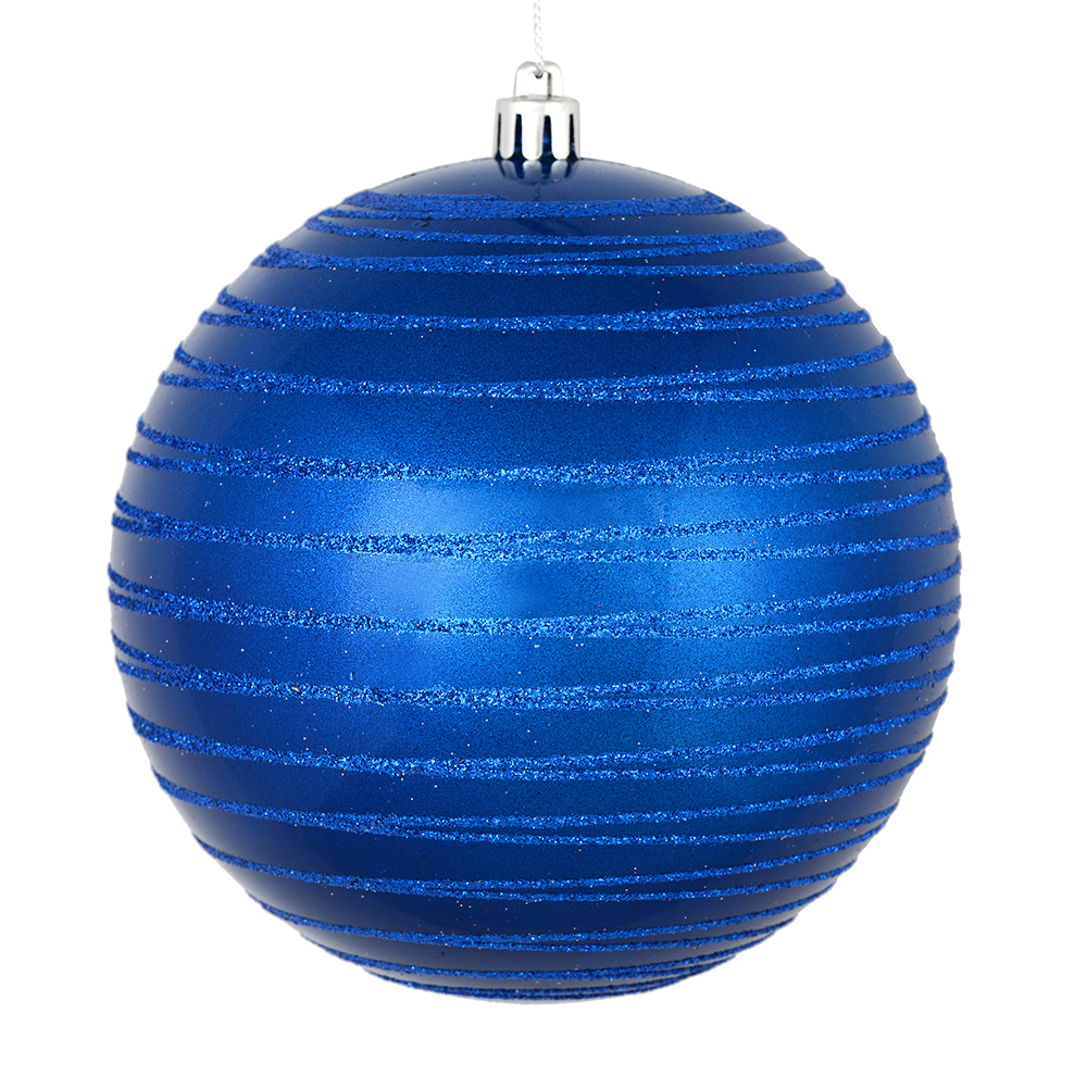 4.75 Inch Blue Candy Glitter Lines Round Christmas Ball Shatterproof Ornament