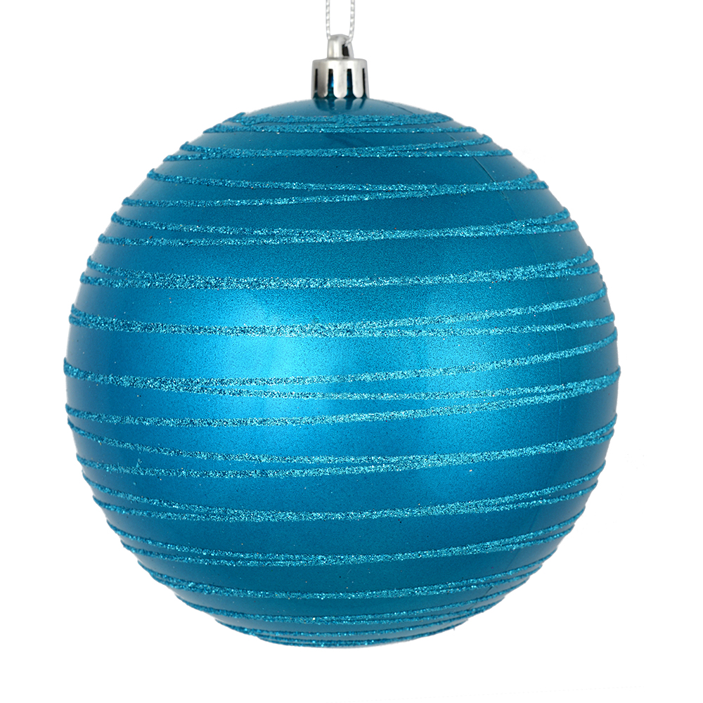 4.75 Inch Turquoise Candy Glitter Lines Round Christmas Ball Shatterproof Ornament
