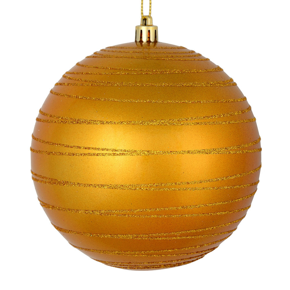 4.75 Inch Antique Gold Candy Glitter Lines Round Christmas Ball Shatterproof Ornament