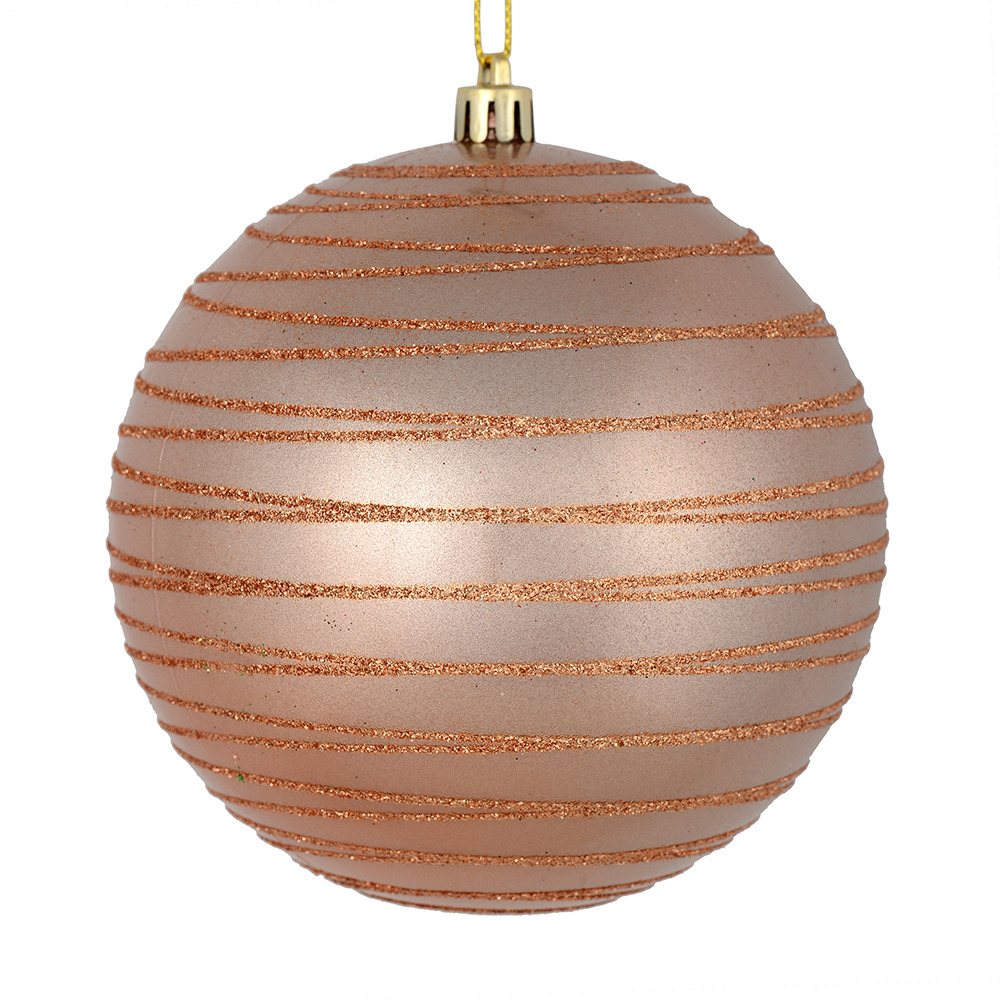 4.75 Inch Rose Gold Candy Glitter Lines Round Christmas Ball Shatterproof Ornament