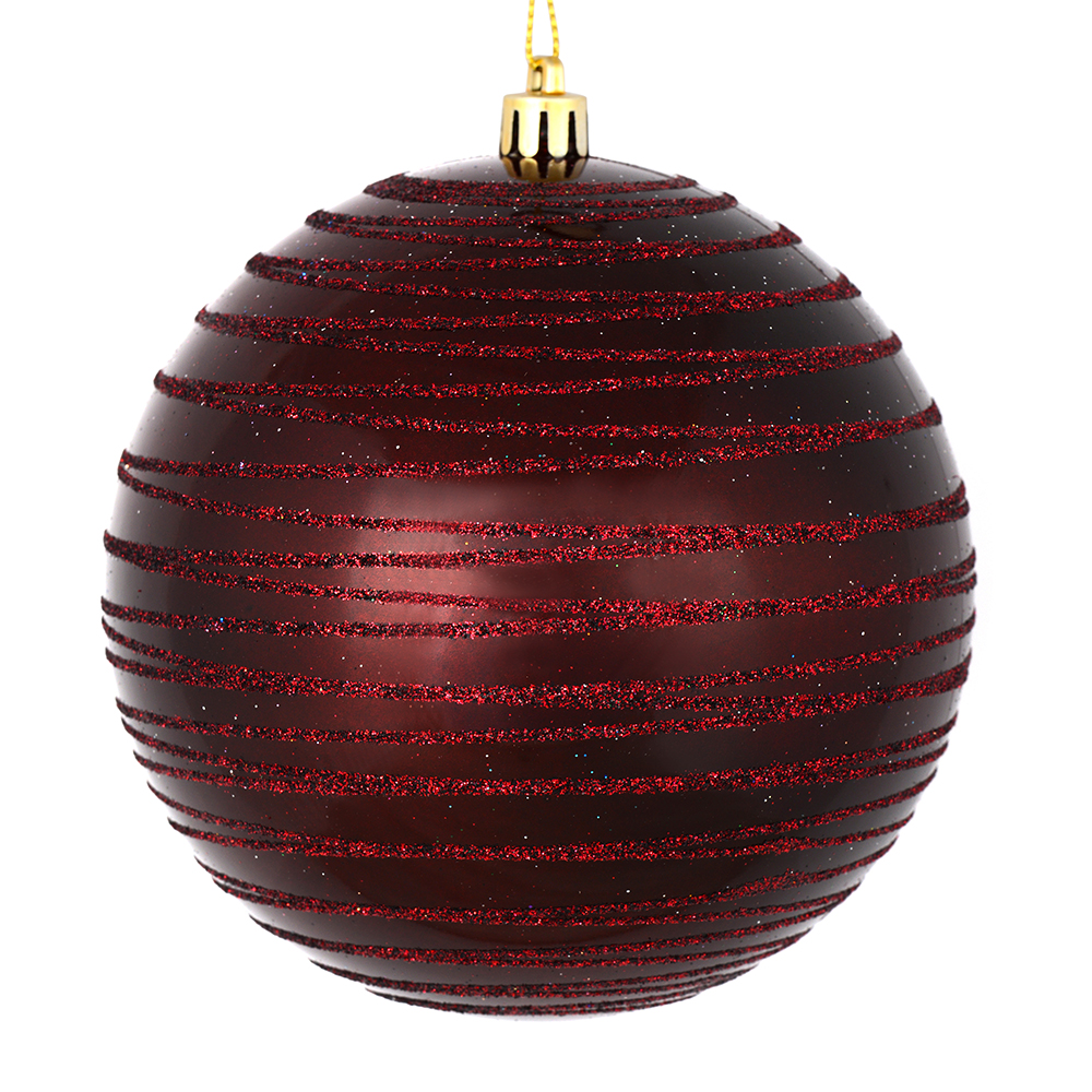 4.75 Inch Burgundy Candy Glitter Lines Round Christmas Ball Shatterproof Ornament