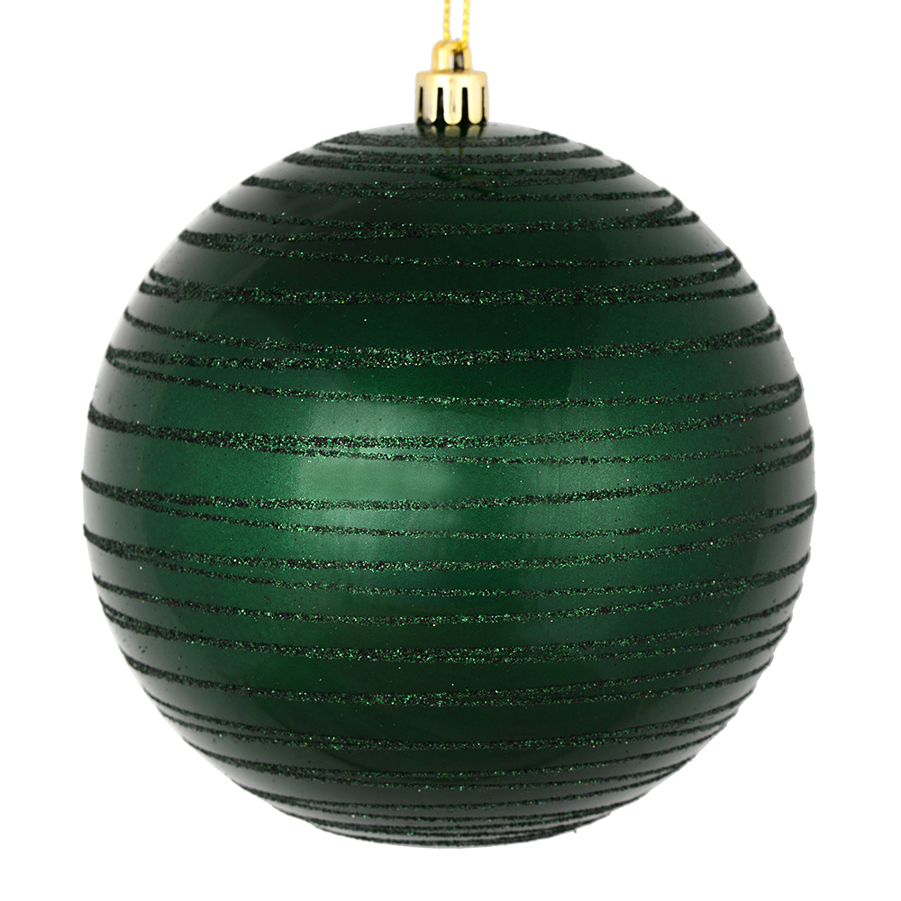 4.75 Inch Midnight Green Candy Glitter Lines Round Christmas Ball Shatterproof Ornament