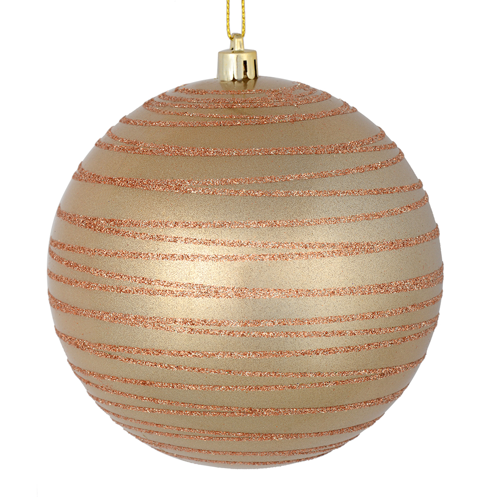 4.75 Inch Cafe Latte Candy Glitter Lines Round Christmas Ball Shatterproof Ornament