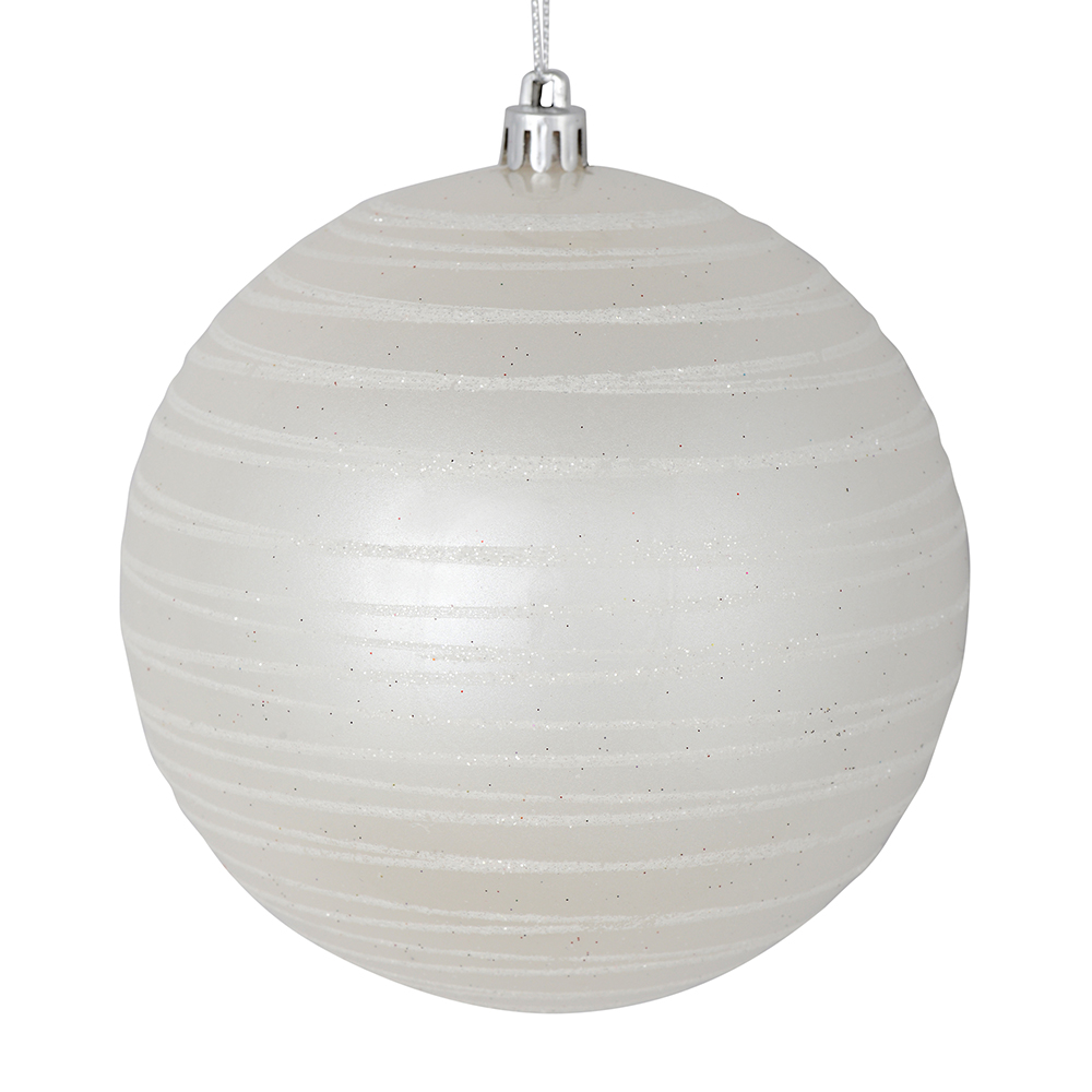 6 Inch White Candy Glitter Lines Round Christmas Ball Shatterproof Ornament
