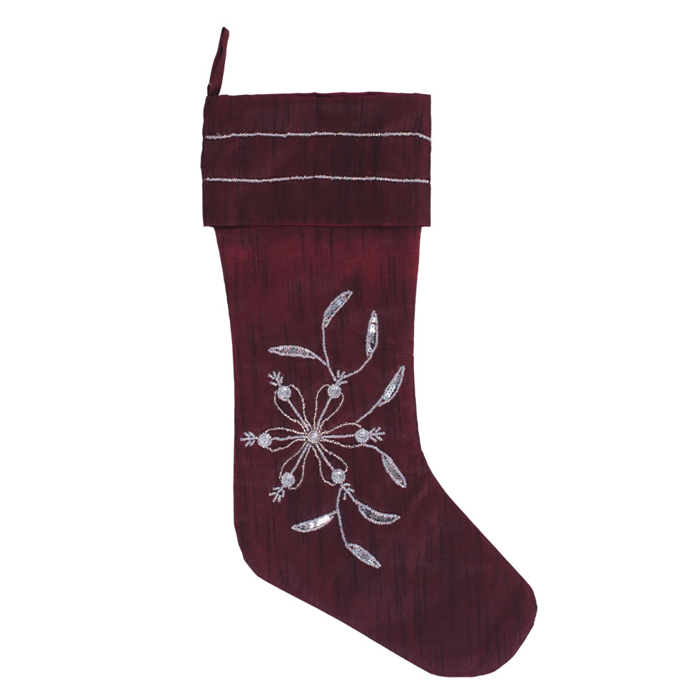 Burgundy Polysilk Dupioni Silver Bead and Sequin Sparkle Decorative Christmas Stocking