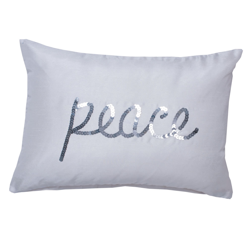 Christmastopia.com - 14 Inch Pure White Polysilk Dupioni Silver Embellished Peace Wording Sequin Decorative Christmas Pillow