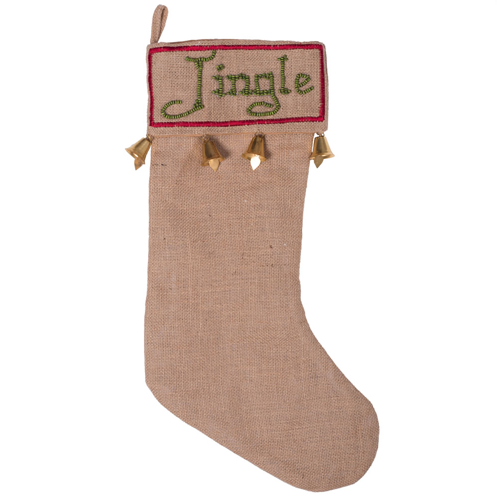 Christmastopia.com - Natural Burlap With Bead Embroidery and Bell Trim Jingle Decorative Christmas Stocking
