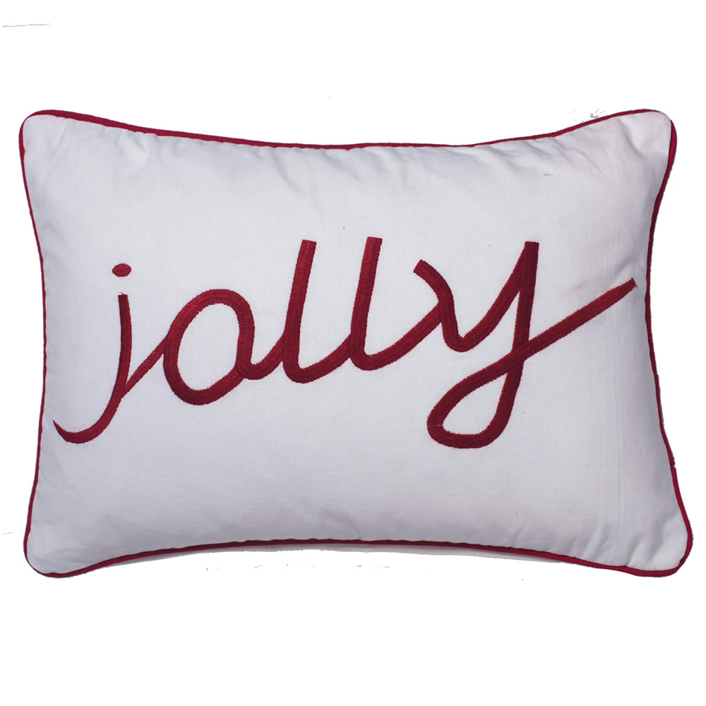 14 Inch Crisp White Duck Cloth With Embroidered Red Wording Jolly Decorative Christmas Pillow