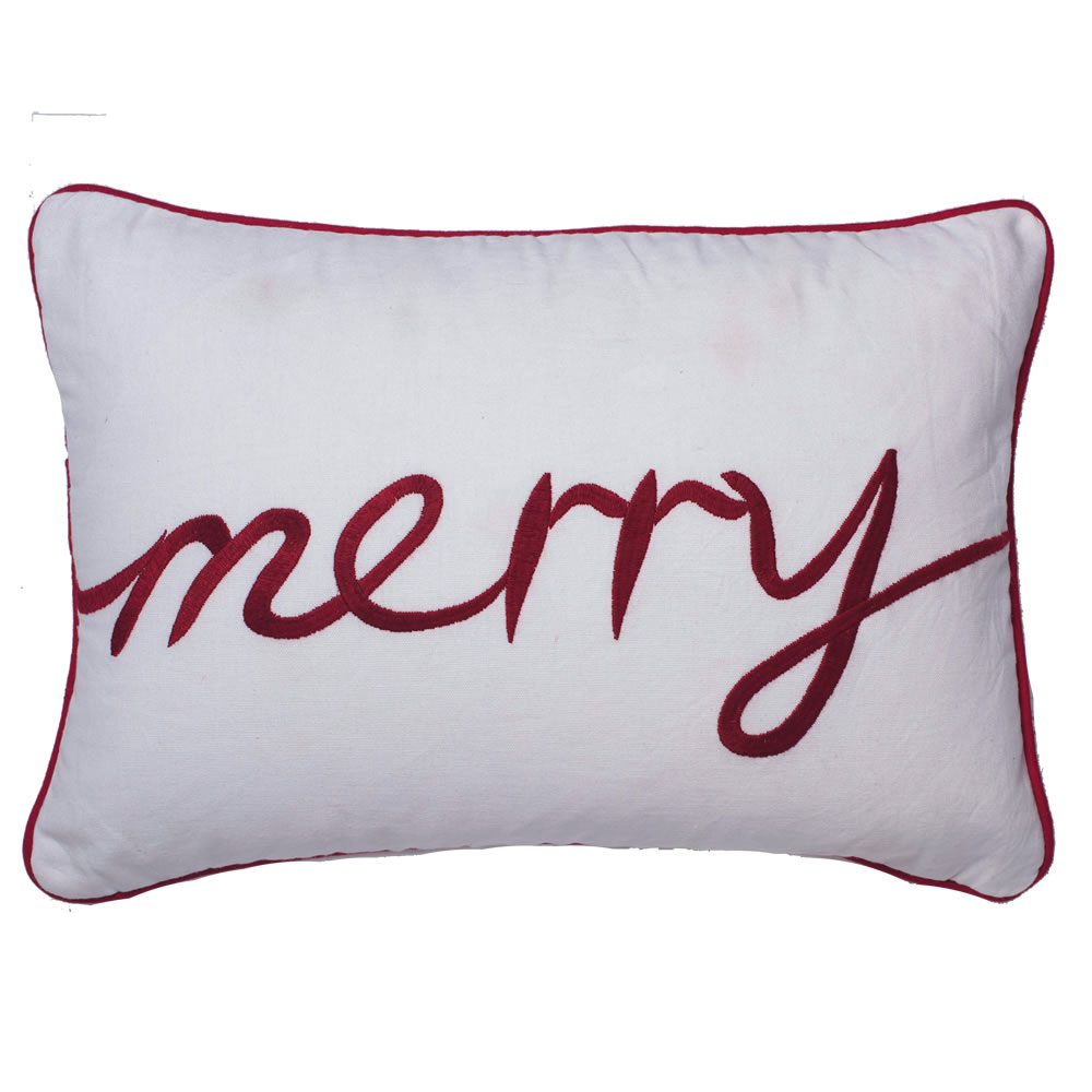 Christmastopia.com - 14 Inch Crisp White Duck Cloth With Embroidered Red Wording Merry Decorative Christmas Pillow