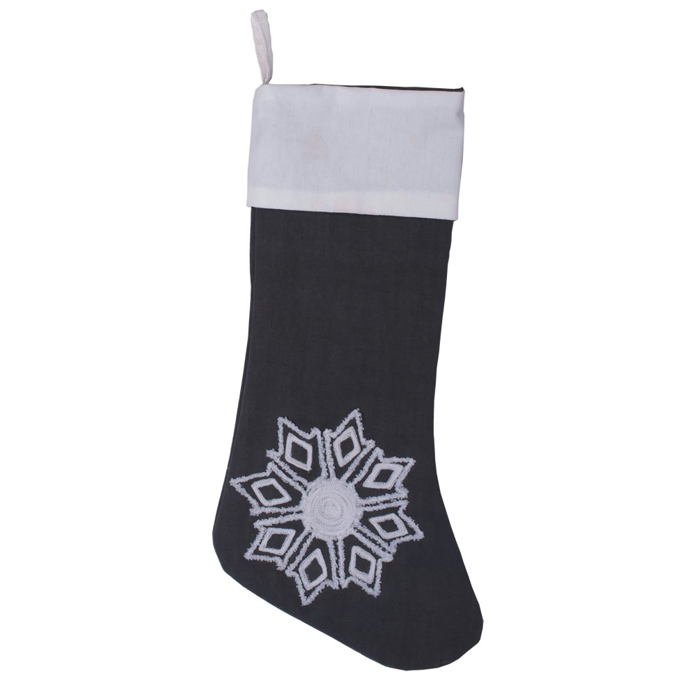 Christmastopia.com Frost Grey Duck Cloth With Pure White Cuff and Embroidered Motif Winter Snowflake Decorative Christmas Stocking