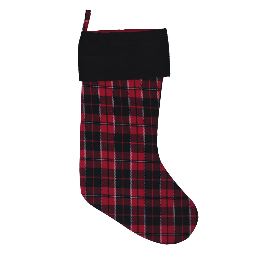 Christmastopia.com Red and Black Cotton Holiday Plaid With Poly Velvet Cuff MacKenzie Decorative Christmas Stocking