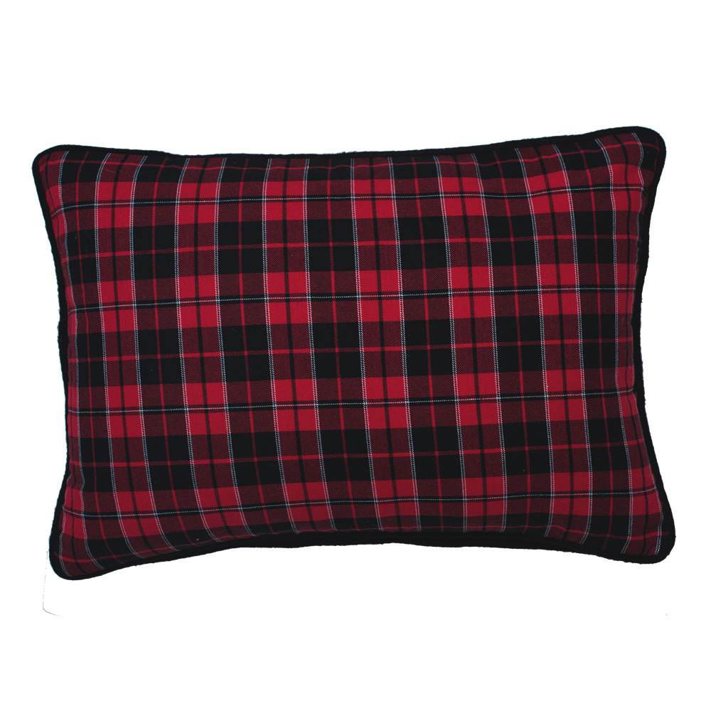 14 Inch Red and Black Cotton Holiday Plaid With Poly Velvet Back and Piping MacKenzie Decorative Christmas Pillow