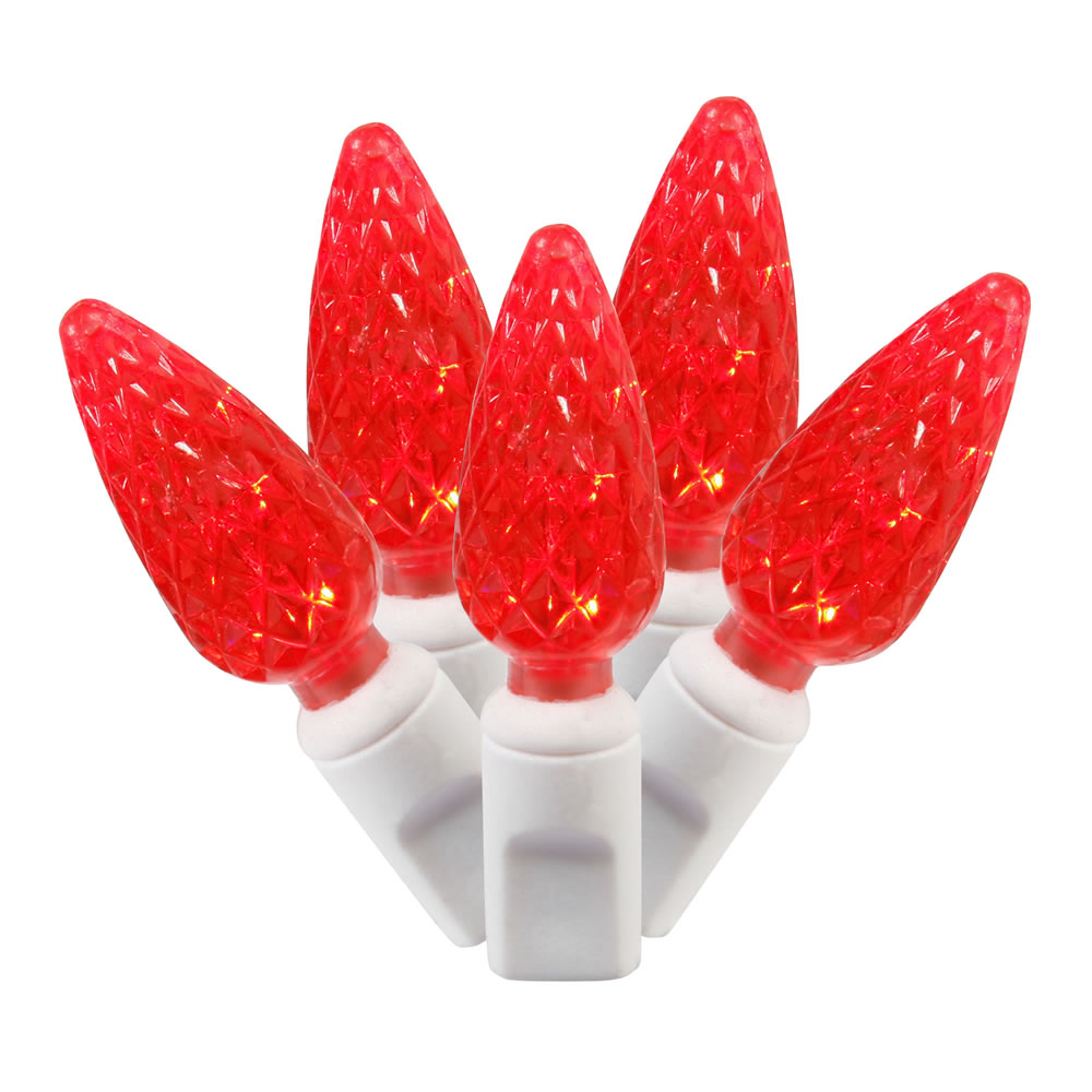 100 Commercial Grade LED C6 Strawberry Faceted Red Christmas Light Set White Wire