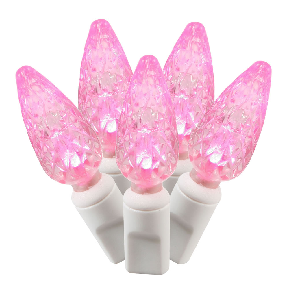 100 Commercial Grade LED C6 Strawberry Faceted Pink Christmas Light Set White Wire