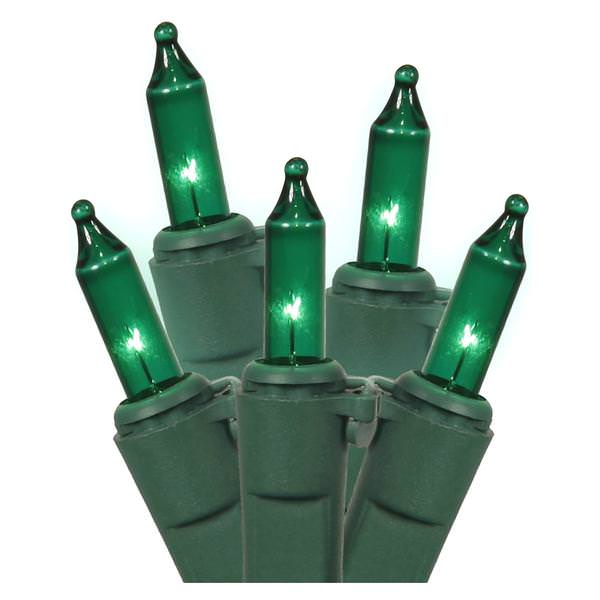 100 Commercial Quality Incandescent Mini Green Christmas Light Set Green Wire