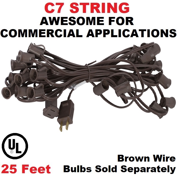 25 Foot C7 Socket Christmas Light Set 12 Inch Spacing Brown Wire