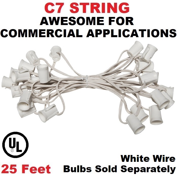 25 Foot C7 Socket Christmas Light Set 12 Inch Spacing White Wire